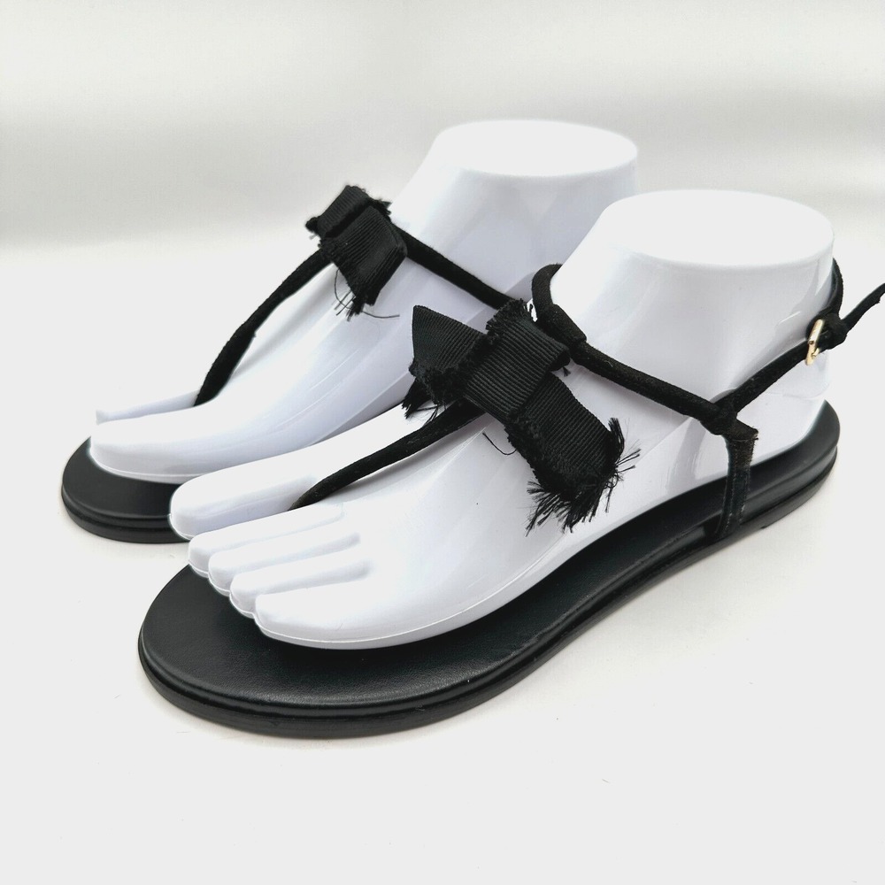 J. Crew Bow Sandals‎ Womens 8.5 Black Frayed Ribbon Leather Indie Summer Work